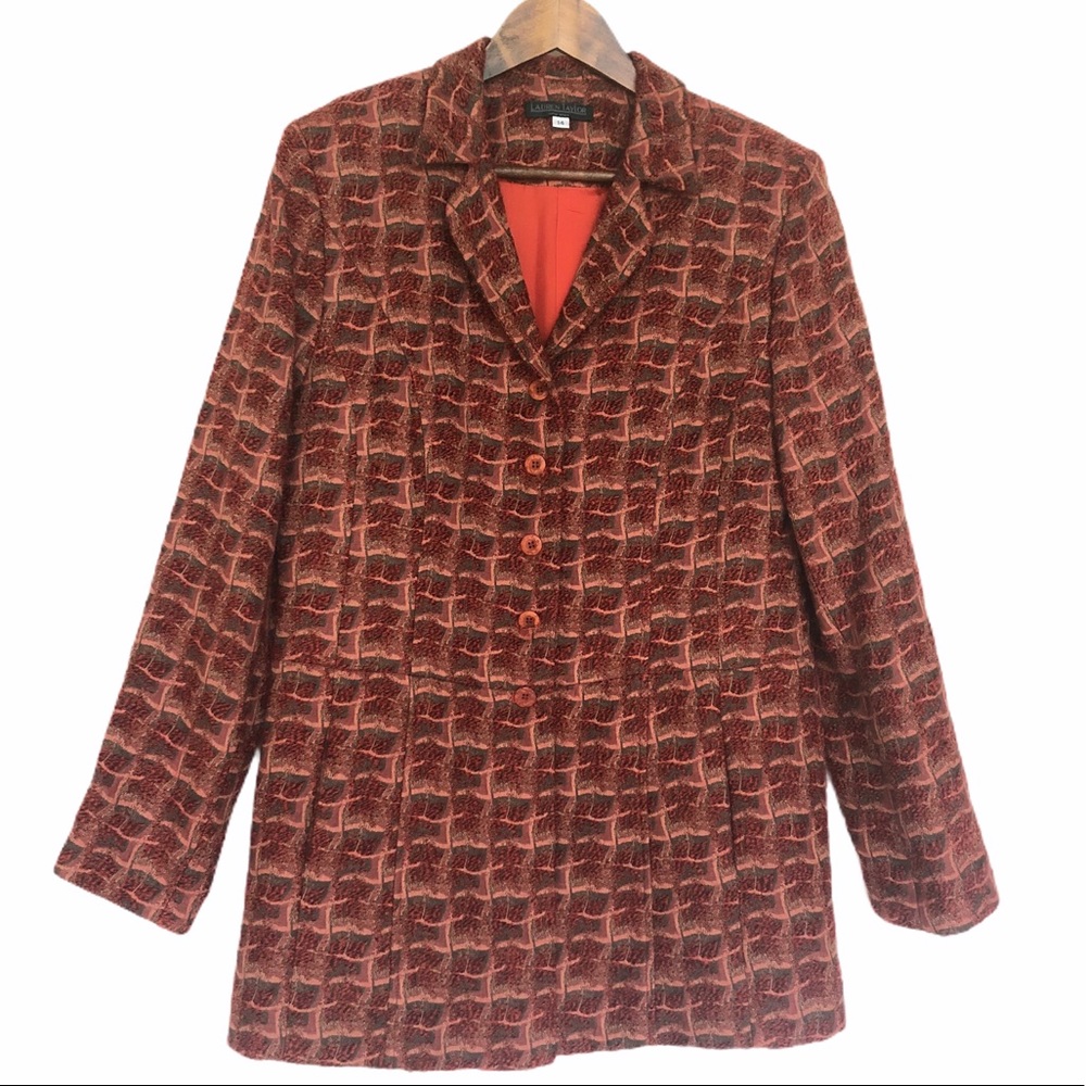 Vtg Wool Blend Tweed Jacket Blazer Womens 14 USA Grandmacore Rust Artsy Boho NEW